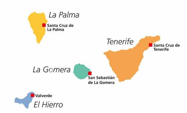 canary-islands-political-map-the-canaries-la-palma-la-gomera-el-hierro-tenerife-gran-canaria-fuerteventura-and-lanzarote-2GXKCYC